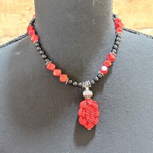 Cinnabar Pendant Necklace Carved Red Coral Black Onyx Beads 925 Sterling Silver